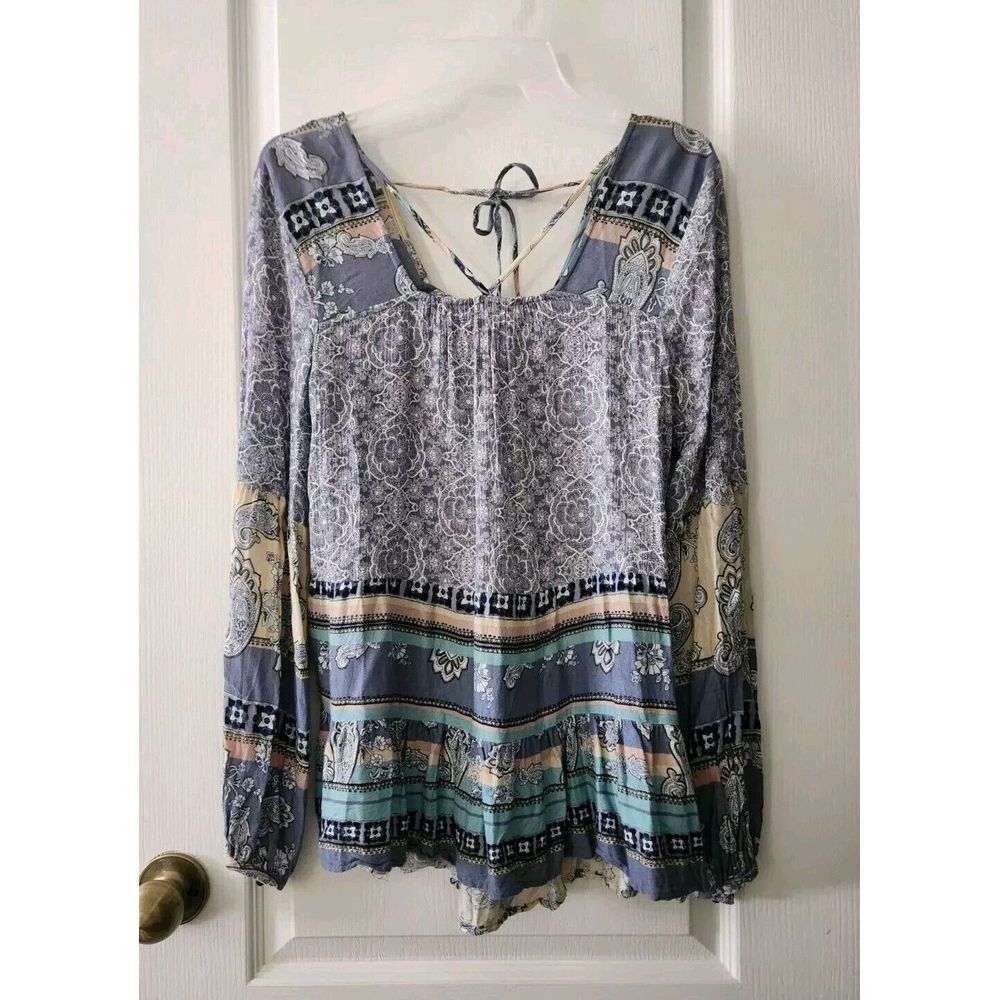 KNOX ROSE Pullove Long Sleeve Cris-Cross Back Straps Loose Fit BOHO Blouse Sz XS